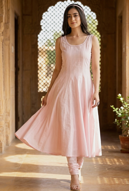 Set of 2: Light Pink Cotton Anarkali Paired with Cotton Chooridar サイズ M