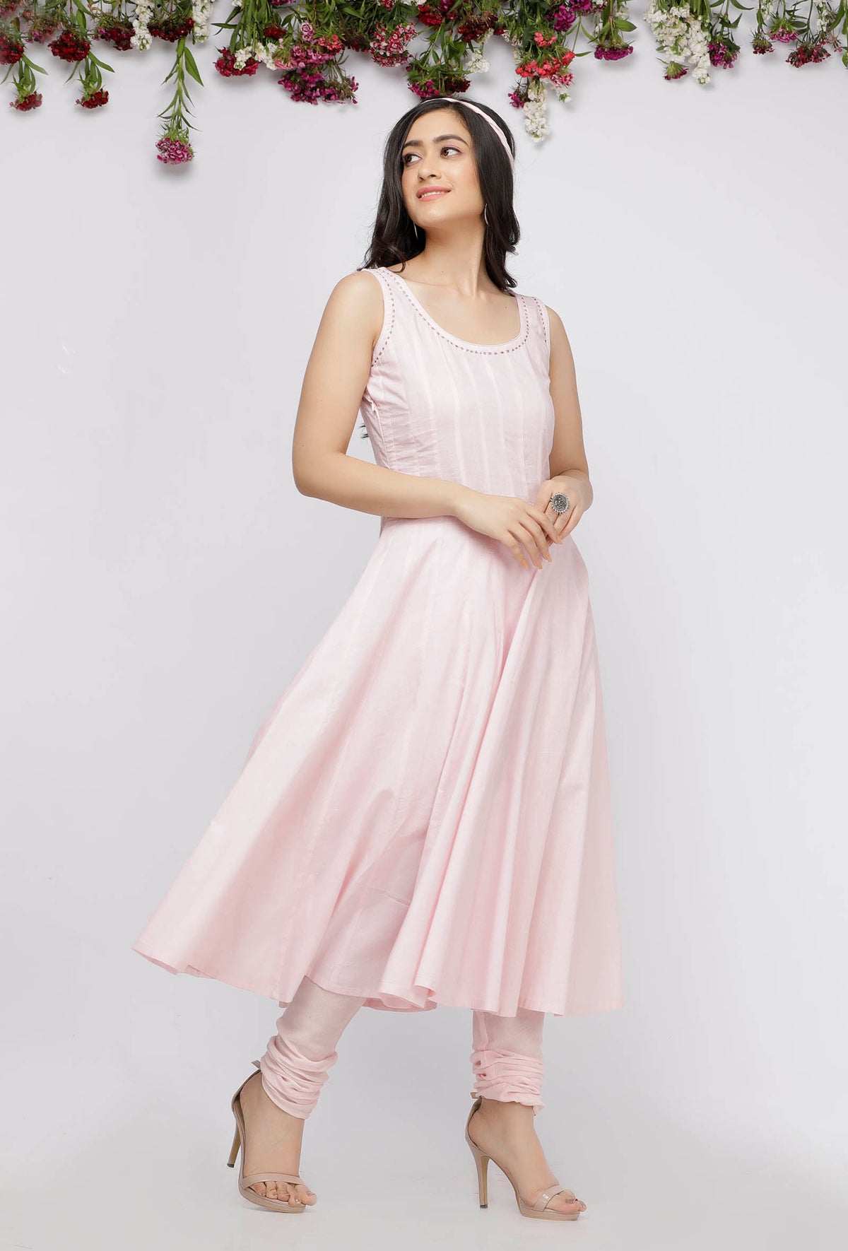 Set of 2: Light Pink Cotton Anarkali Paired with Cotton Chooridar サイズ M