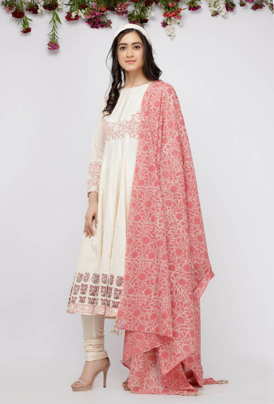 Peach Kota Hand-Block Printed Tasseled Dupatta