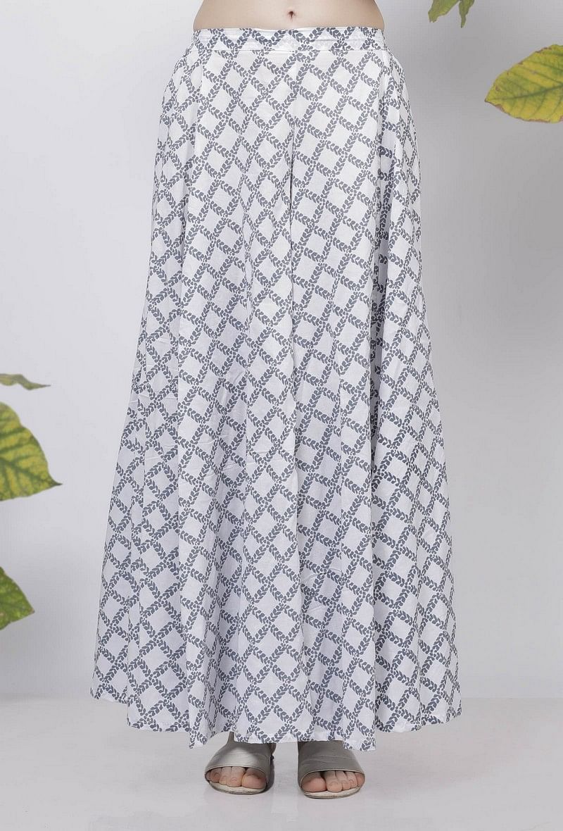 Powder Blue Criss Cross Hand-Block Printed Cotton Flared Palazzo サイズ M