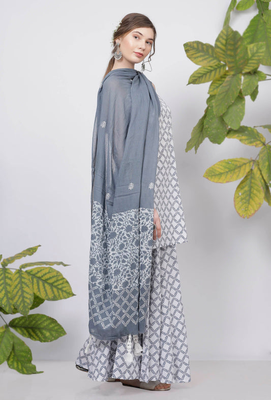 Powder Blue Hand-Block Printed Kota Tasseled Dupatta