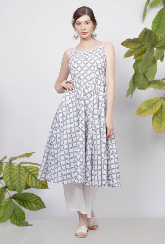 Powder Blue Criss Cross Hand-Block Printed Cotton Gathered Kurta サイズ S
