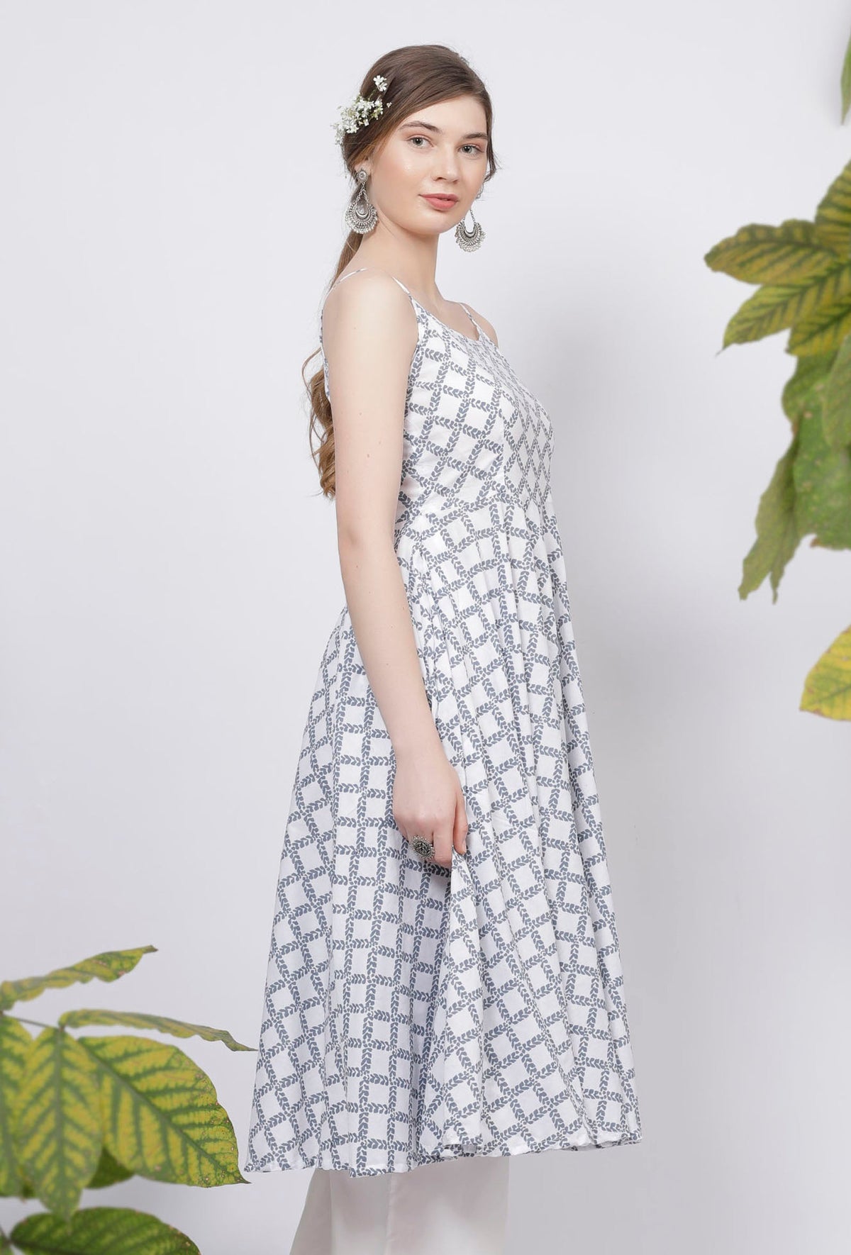 Powder Blue Criss Cross Hand-Block Printed Cotton Gathered Kurta サイズ S