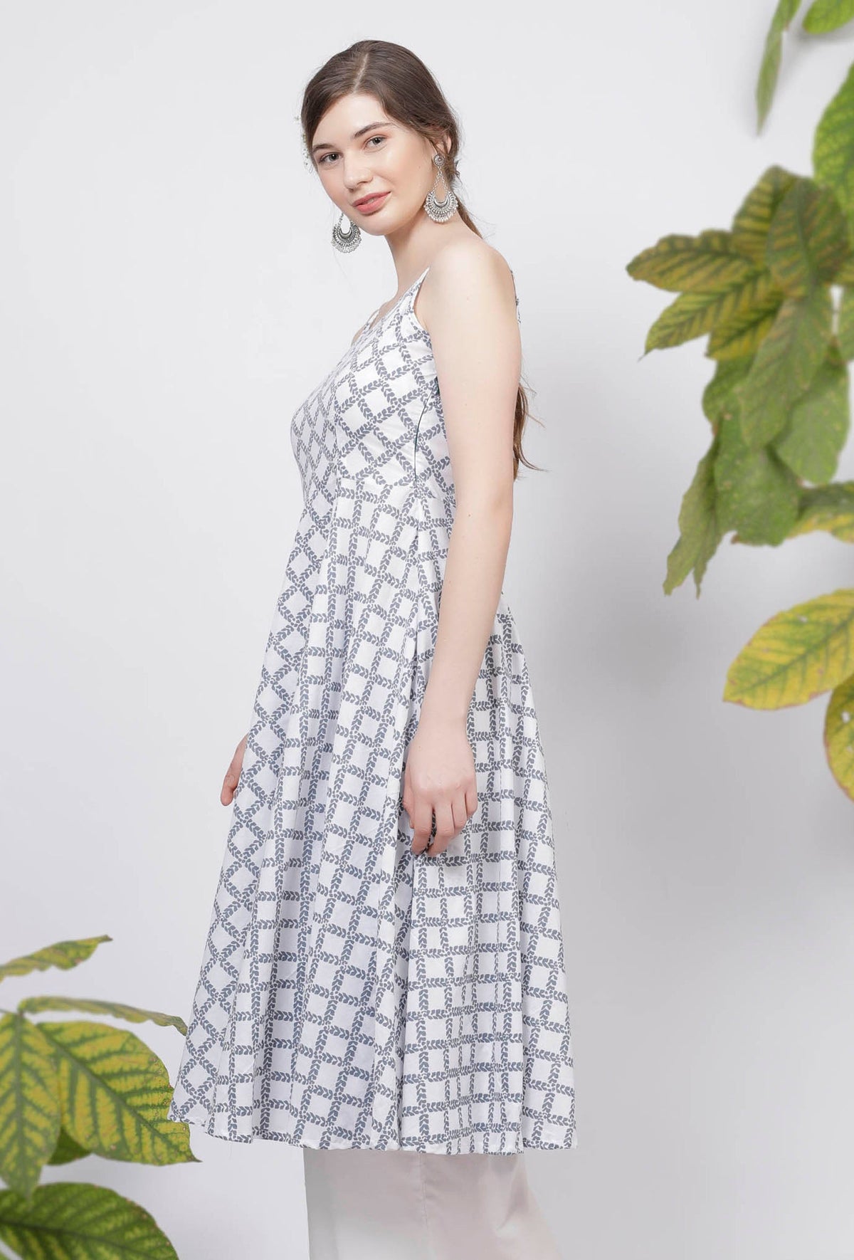 Powder Blue Criss Cross Hand-Block Printed Cotton Gathered Kurta サイズ S