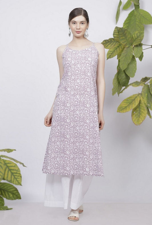 Set of 2: Lilac Floral Hand-Block Printed Cotton Slip with White Palazzo サイズ M