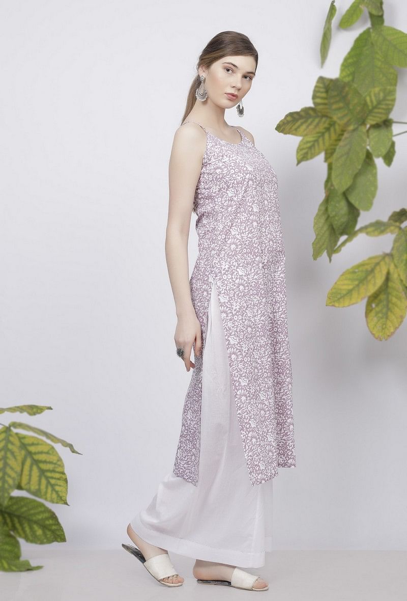 Set of 2: Lilac Floral Hand-Block Printed Cotton Slip with White Palazzo サイズ M