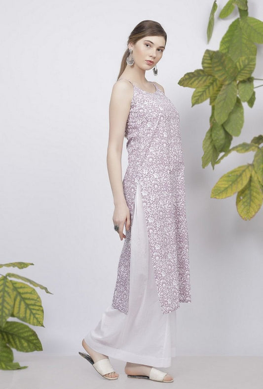 Set of 2: Lilac Floral Hand-Block Printed Cotton Slip with White Palazzo サイズ M