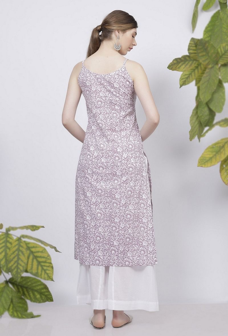 Set of 2: Lilac Floral Hand-Block Printed Cotton Slip with White Palazzo サイズ M