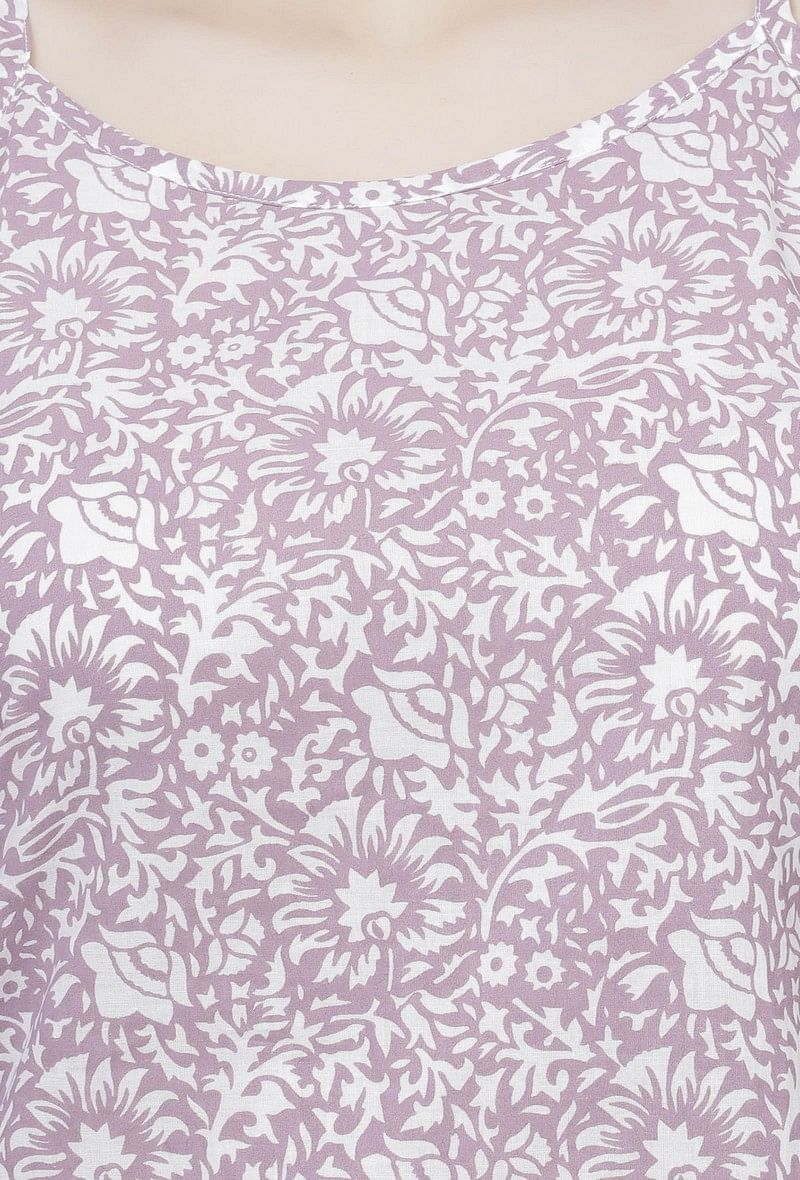Set of 2: Lilac Floral Hand-Block Printed Cotton Slip with White Palazzo サイズ M