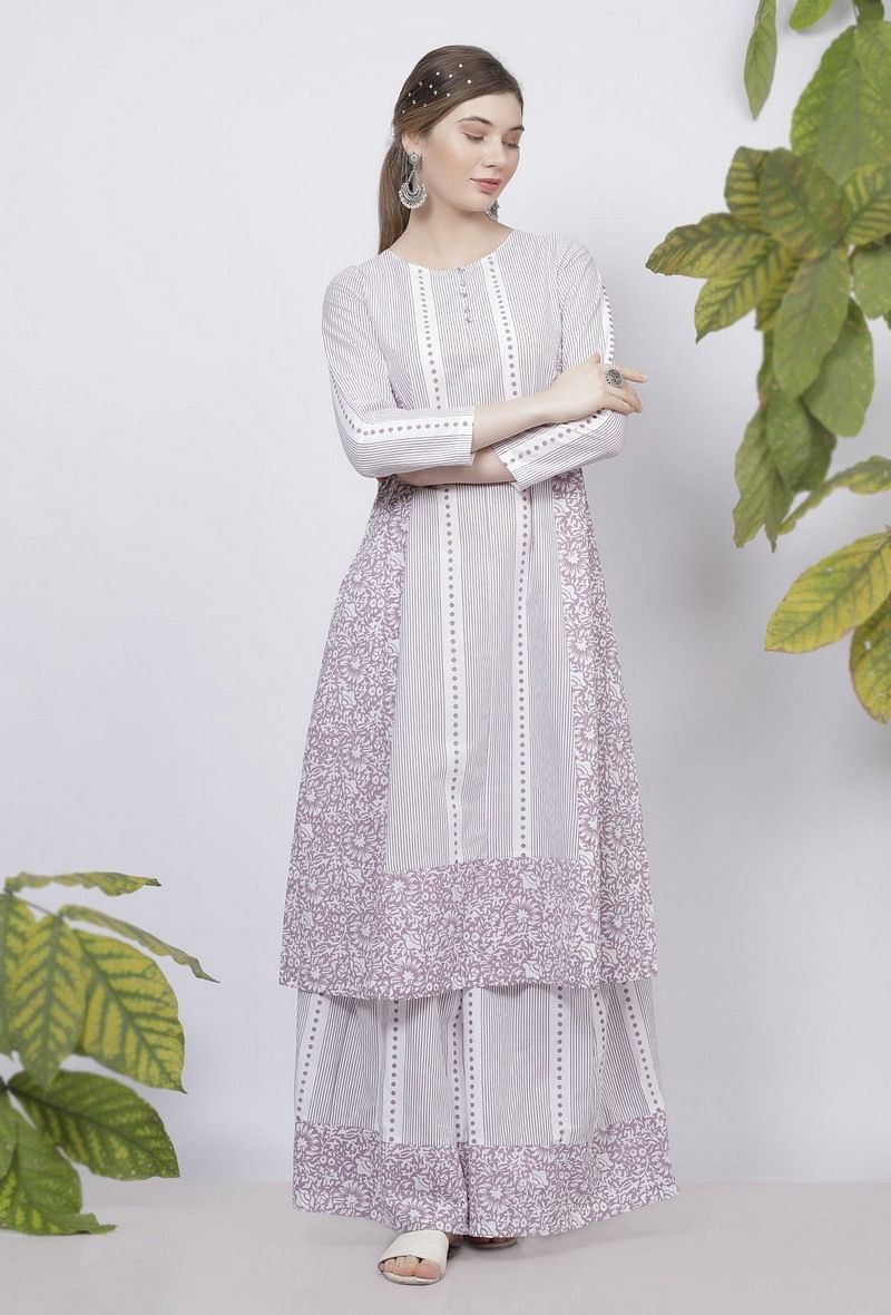 Lilac Floral Stripes Hand-Block Printed A-Line Cotton Kurta サイズ XXXL