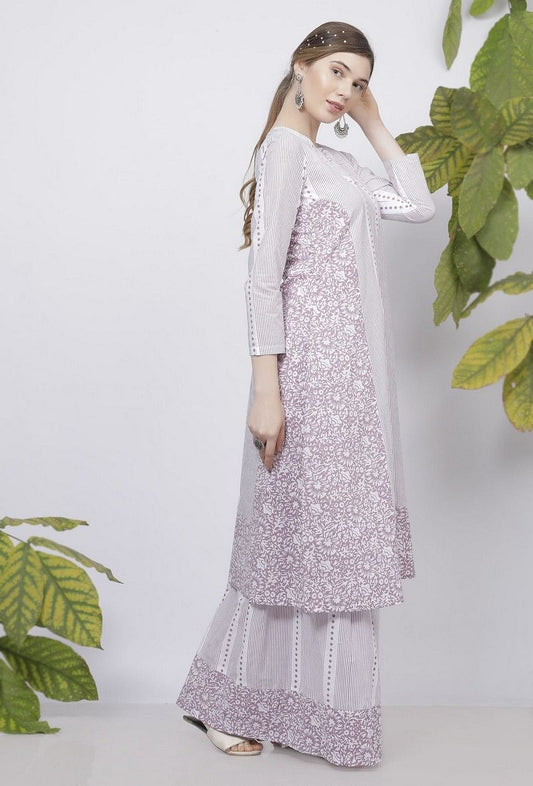 Lilac Floral Stripes Hand-Block Printed A-Line Cotton Kurta サイズ M