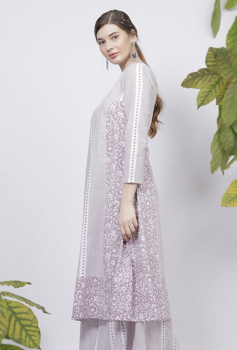 Lilac Floral Stripes Hand-Block Printed A-Line Cotton Kurta サイズ M