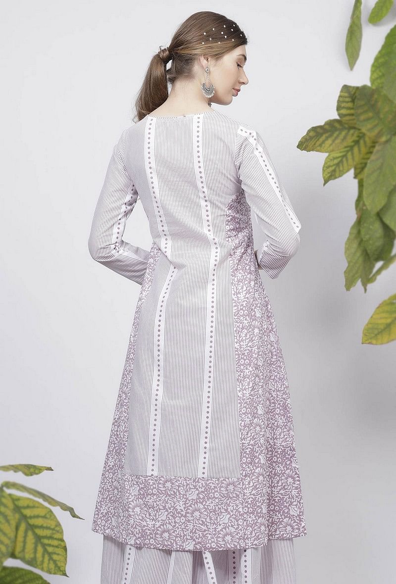 Lilac Floral Stripes Hand-Block Printed A-Line Cotton Kurta サイズ L
