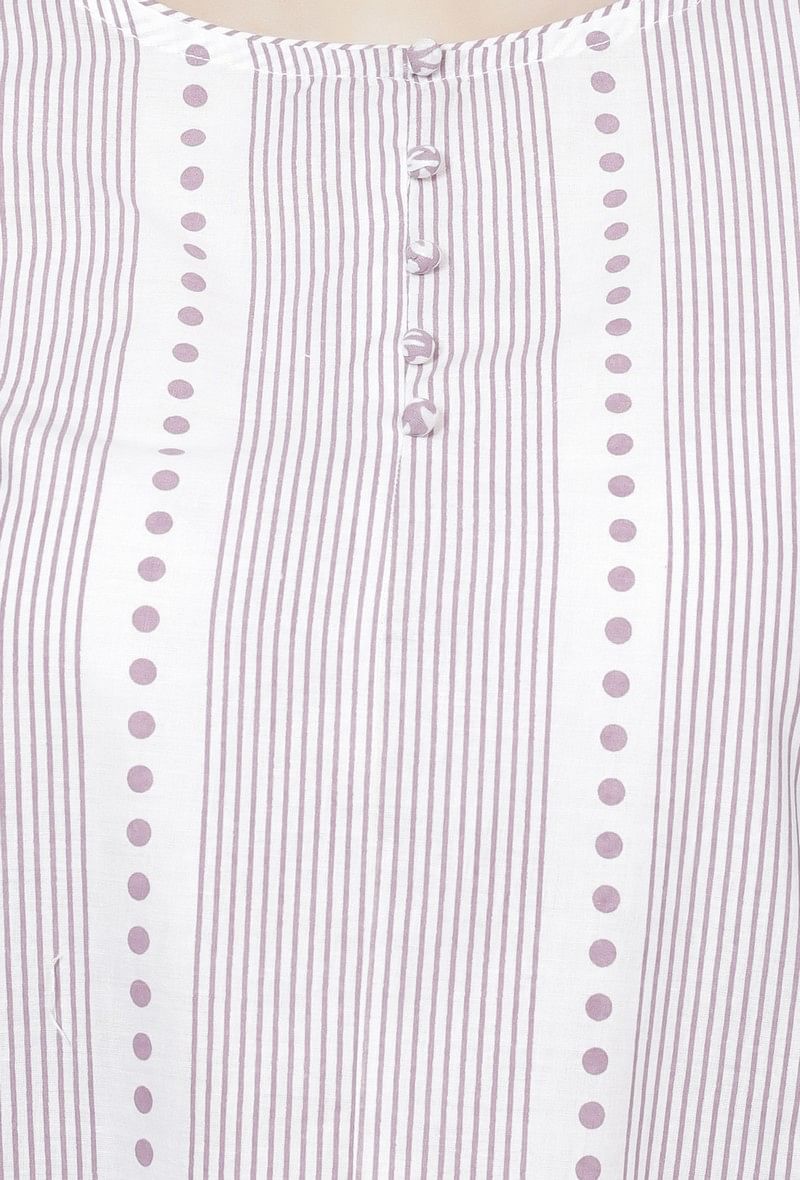 Lilac Floral Stripes Hand-Block Printed A-Line Cotton Kurta サイズ M