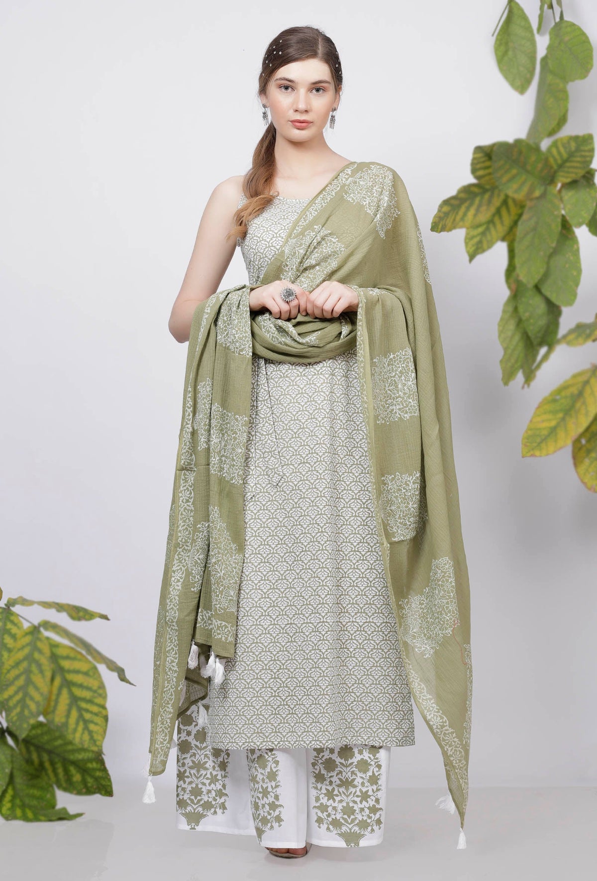 Sage Green Hand-Block Printed Tasseled Kota Dupatta