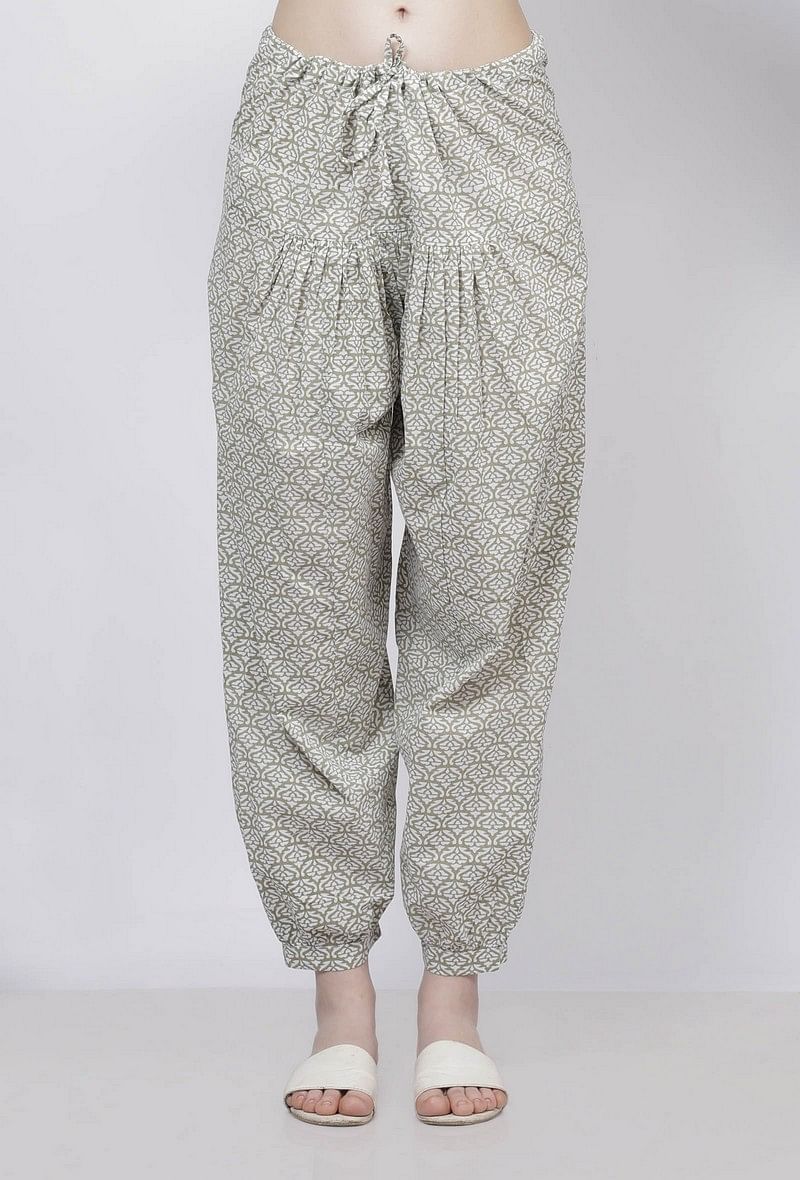 Sage Green Floral Hand-Block Printed Cotton Dhoti サイズ S