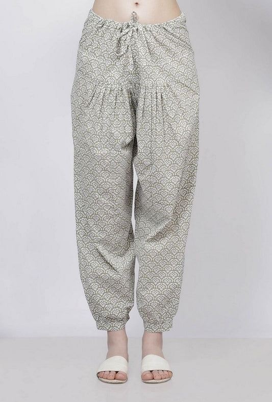 Sage Green Floral Hand-Block Printed Cotton Dhoti サイズ M