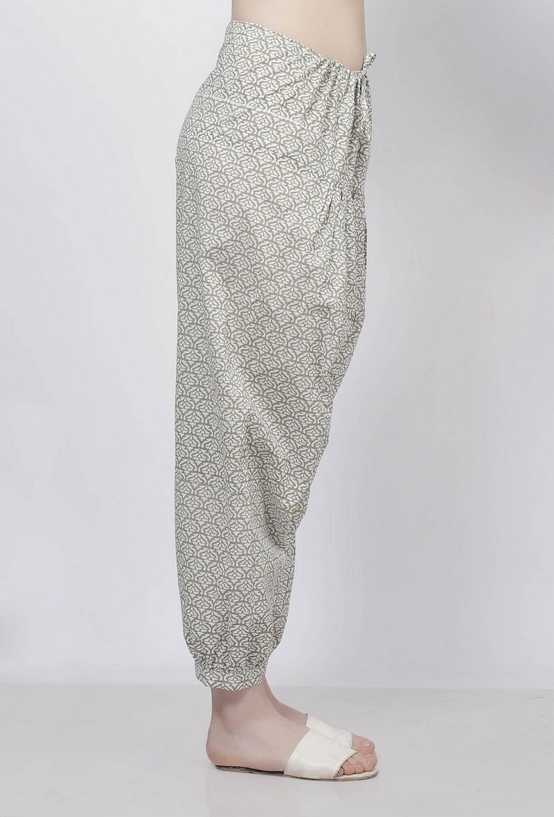 Sage Green Floral Hand-Block Printed Cotton Dhoti サイズ M