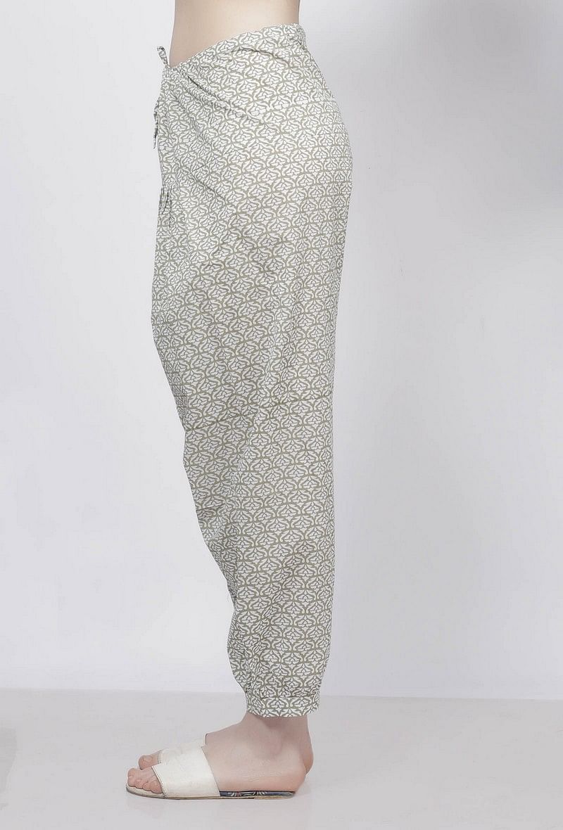 Sage Green Floral Hand-Block Printed Cotton Dhoti サイズ XL