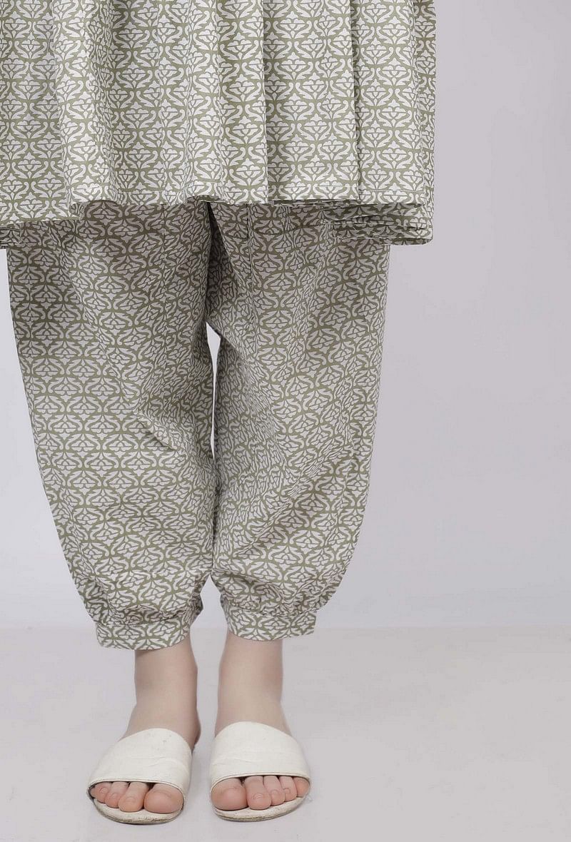 Sage Green Floral Hand-Block Printed Cotton Dhoti サイズ XL