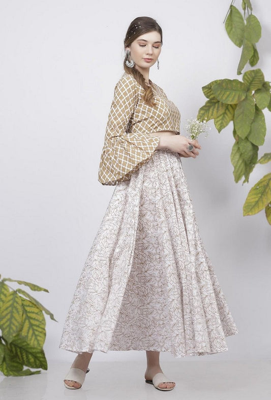 Muse Brown Quatrefoil Hand-Block Printed Bell Sleeves Cotton Blouse サイズ M