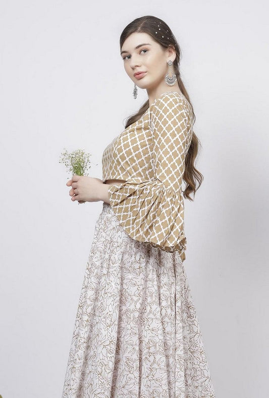 Muse Brown Quatrefoil Hand-Block Printed Bell Sleeves Cotton Blouse サイズ M