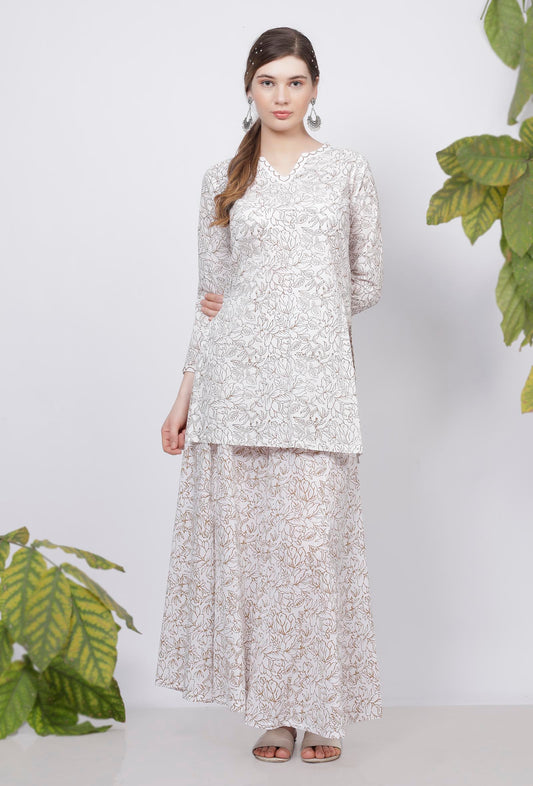 Muse Brown Floral Hand Block Printed Cotton Short Kurta サイズ S