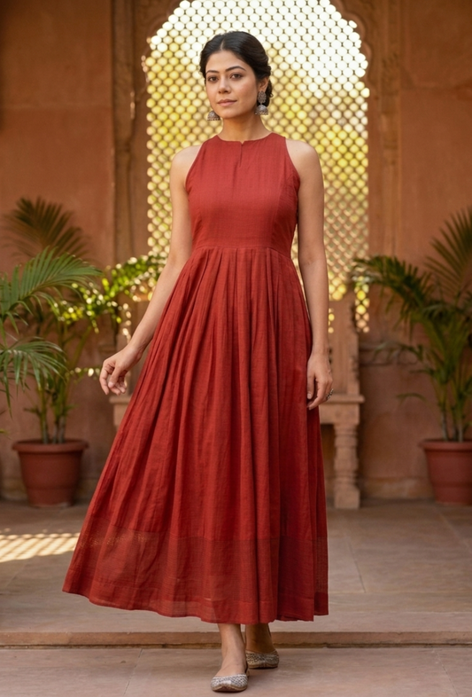 Gerua Plain Maroon Cotton Halter Neck Flared Dress with Kota Border サイズ XL