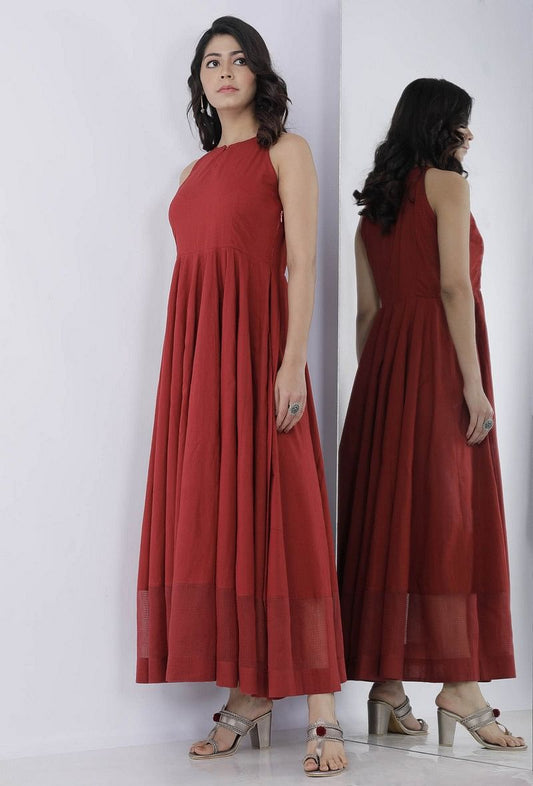 Gerua Plain Maroon Cotton Halter Neck Flared Dress with Kota Border サイズ XL