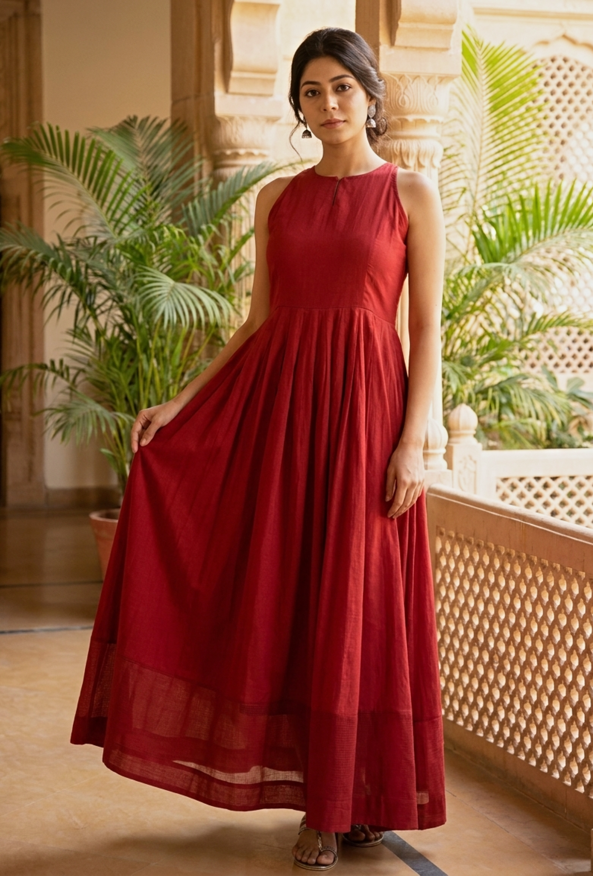 Gerua Plain Maroon Cotton Halter Neck Flared Dress with Kota Border サイズ XXXL