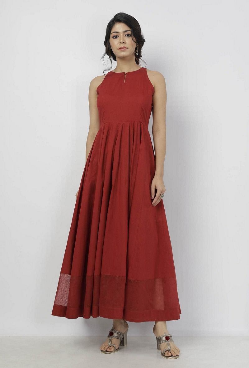 Gerua Plain Maroon Cotton Halter Neck Flared Dress with Kota Border サイズ XXXL