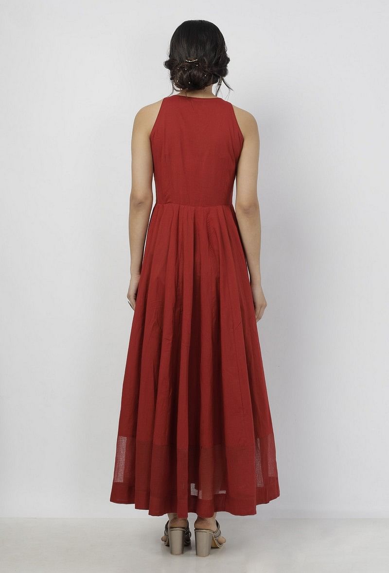 Gerua Plain Maroon Cotton Halter Neck Flared Dress with Kota Border サイズ XXXL