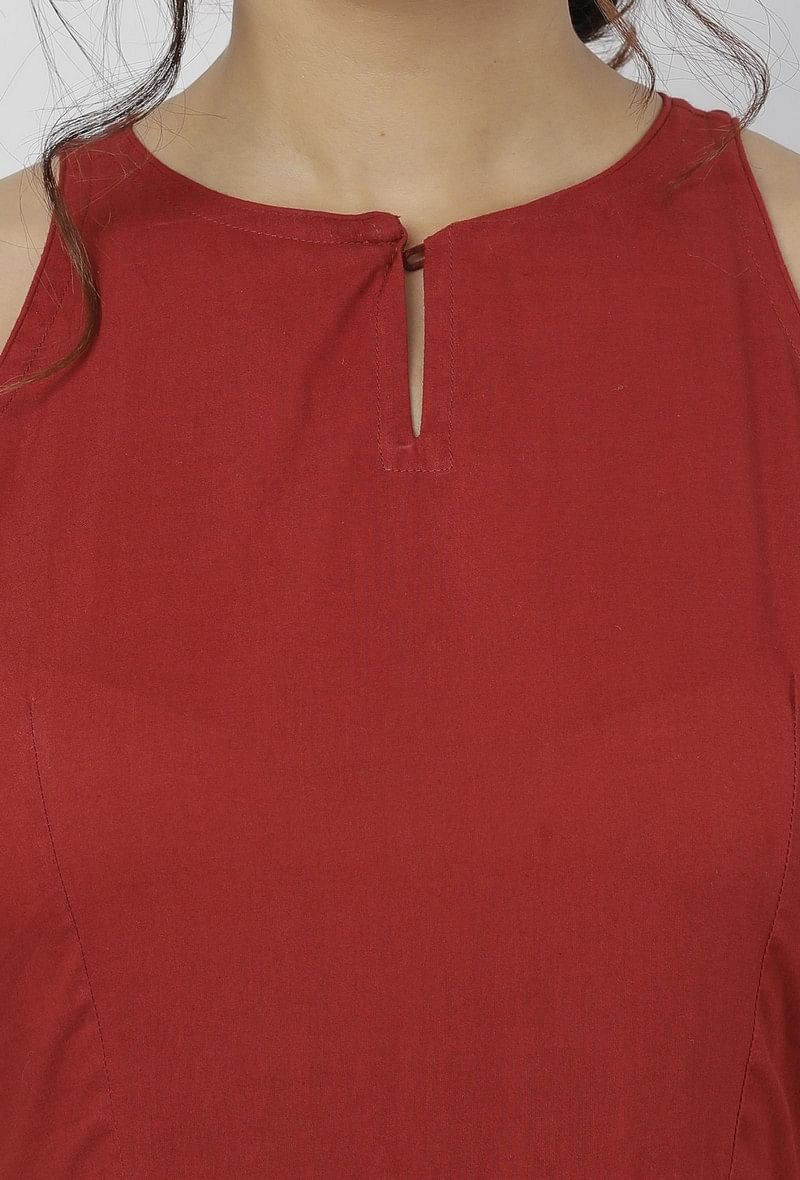 Gerua Plain Maroon Cotton Halter Neck Flared Dress with Kota Border サイズ XXXL