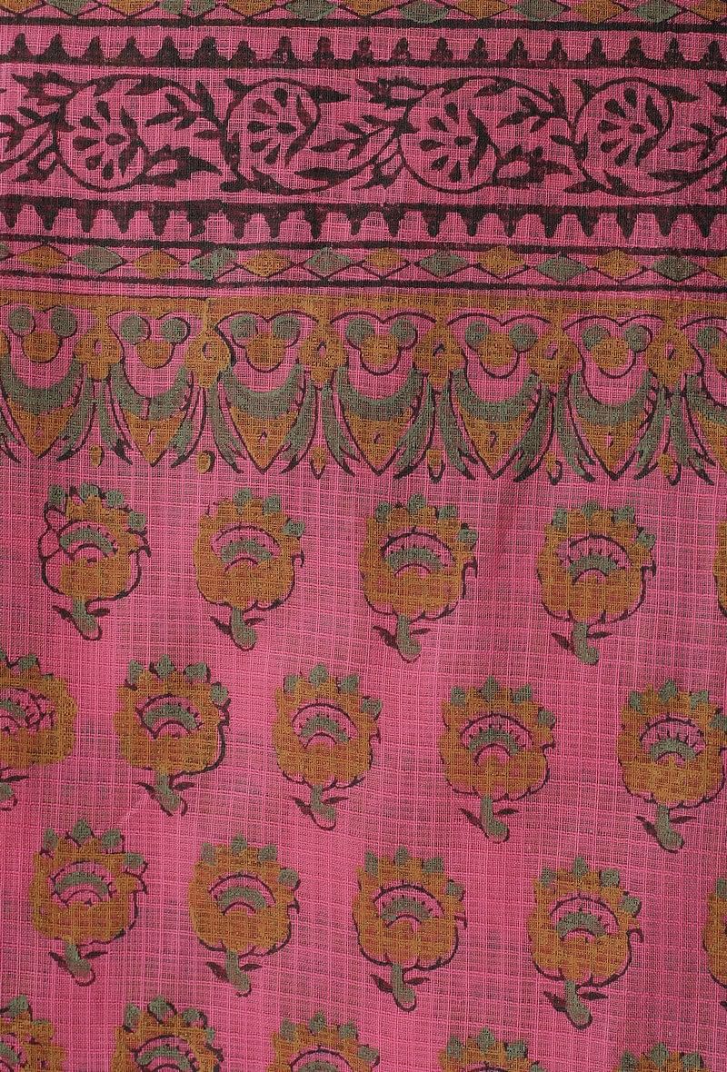 Set of 3: Gul Pink Buti Hand-Block Printed Cotton Slip with Plain Flared Palazzo and Floral Hand-Block Printed Kota Dupatta サイズ M