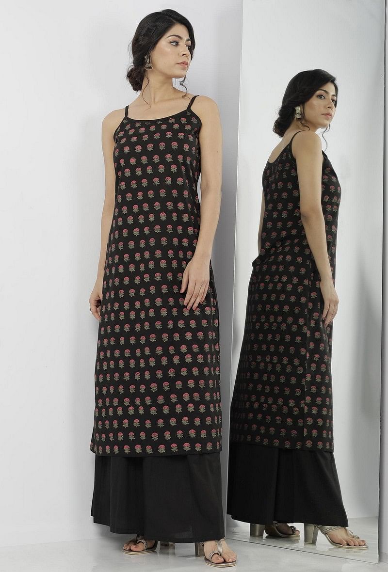 Set of 2: Kaani Black Floral Hand-Block Printed Cotton Slip with Plain Palazzo サイズ XXXL