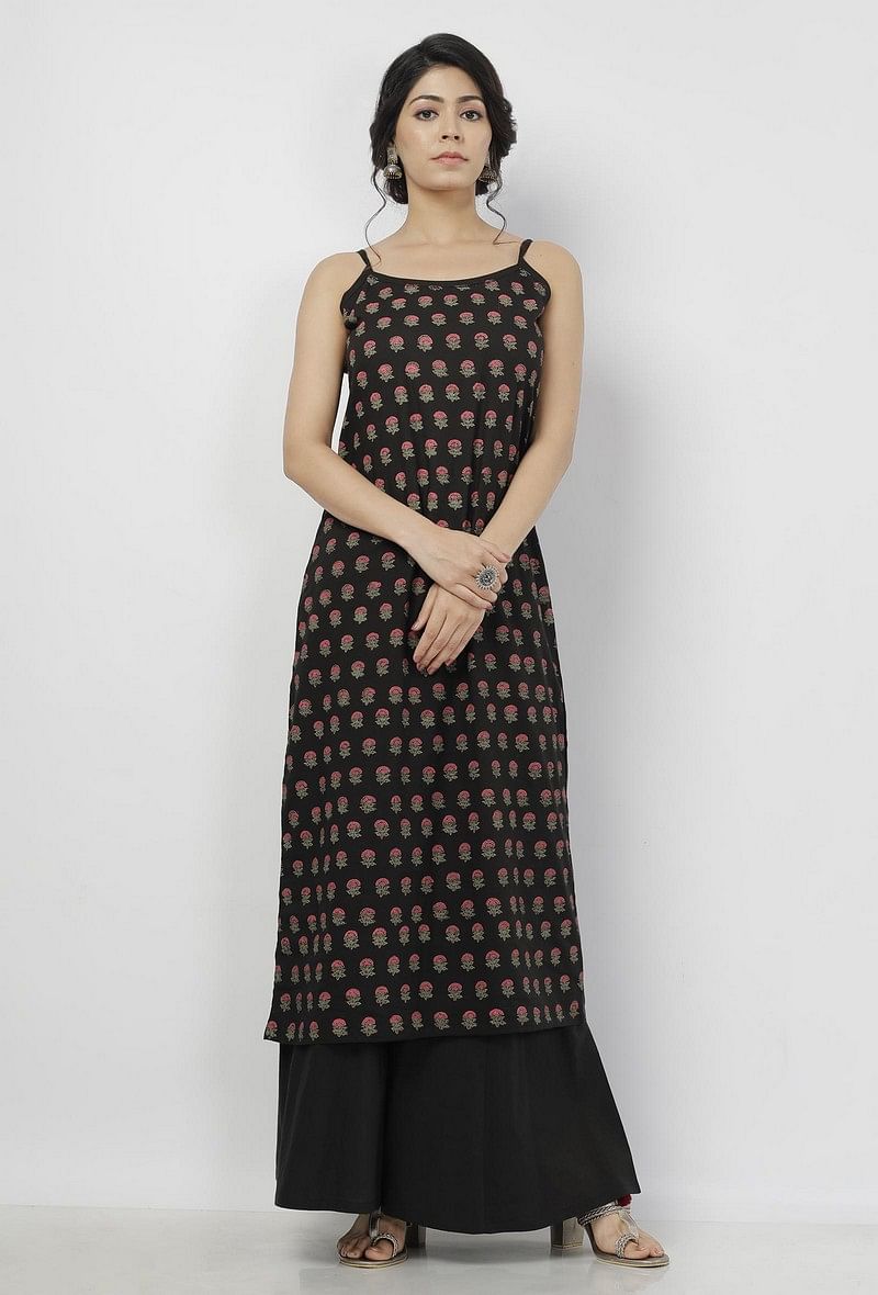 Set of 2: Kaani Black Floral Hand-Block Printed Cotton Slip with Plain Palazzo サイズ XXXL