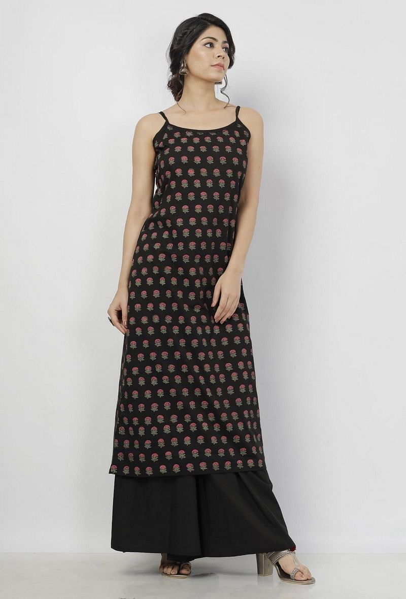 Set of 2: Kaani Black Floral Hand-Block Printed Cotton Slip with Plain Palazzo サイズ XL