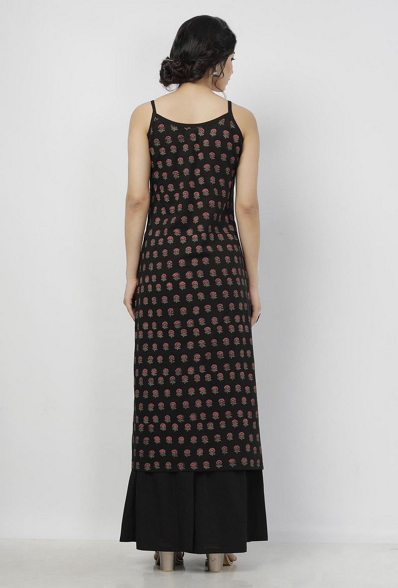 Set of 2: Kaani Black Floral Hand-Block Printed Cotton Slip with Plain Palazzo サイズ XXL