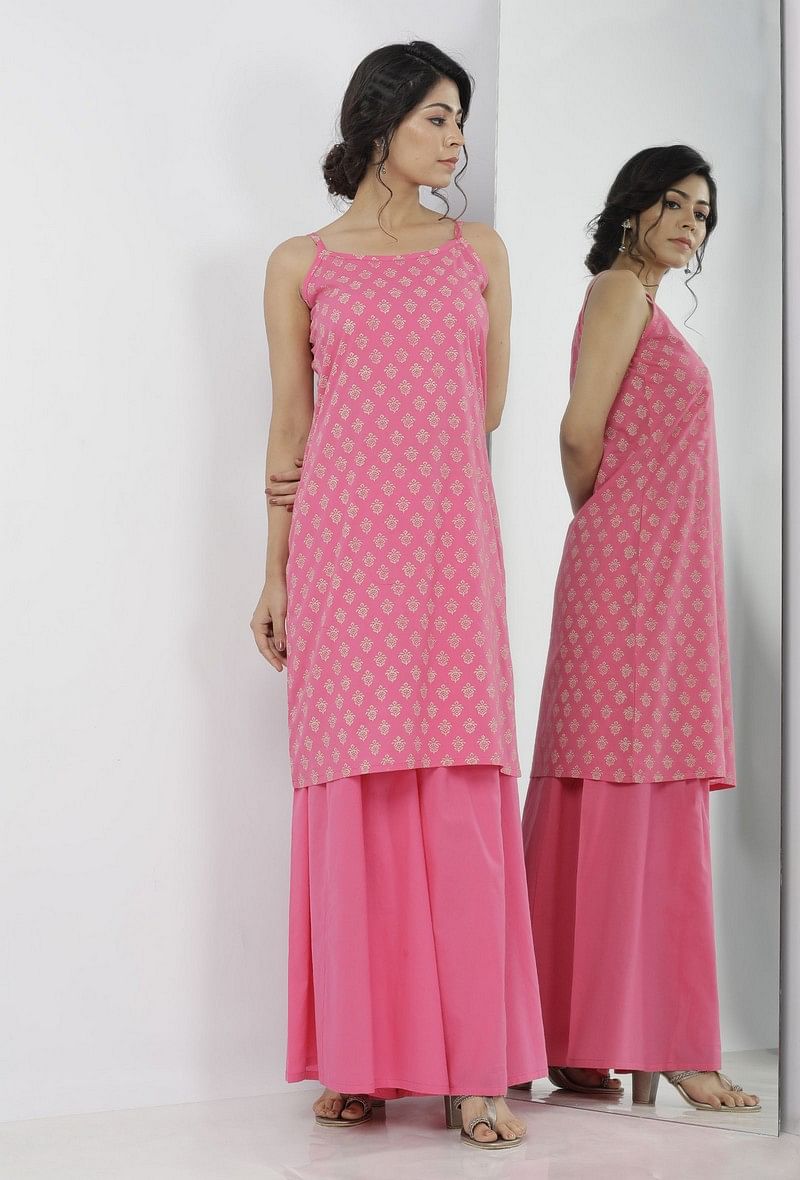 Gul Pink Small Floral Buti Hand-Block Printed Cotton Slip サイズ S