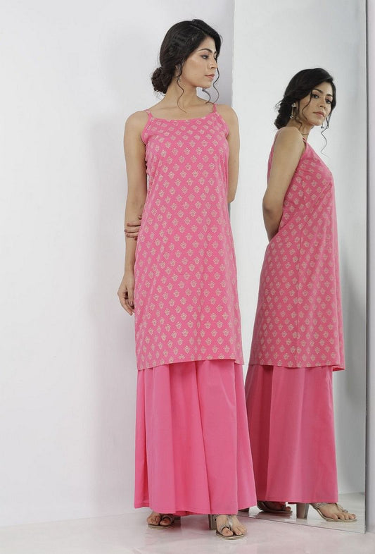Gul Pink Small Floral Buti Hand-Block Printed Cotton Slip サイズ S
