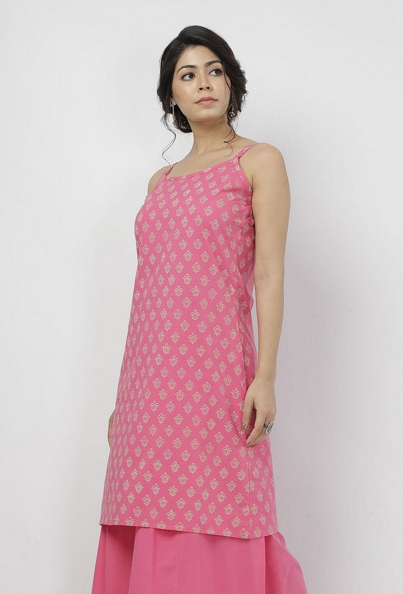 Gul Pink Small Floral Buti Hand-Block Printed Cotton Slip サイズ S