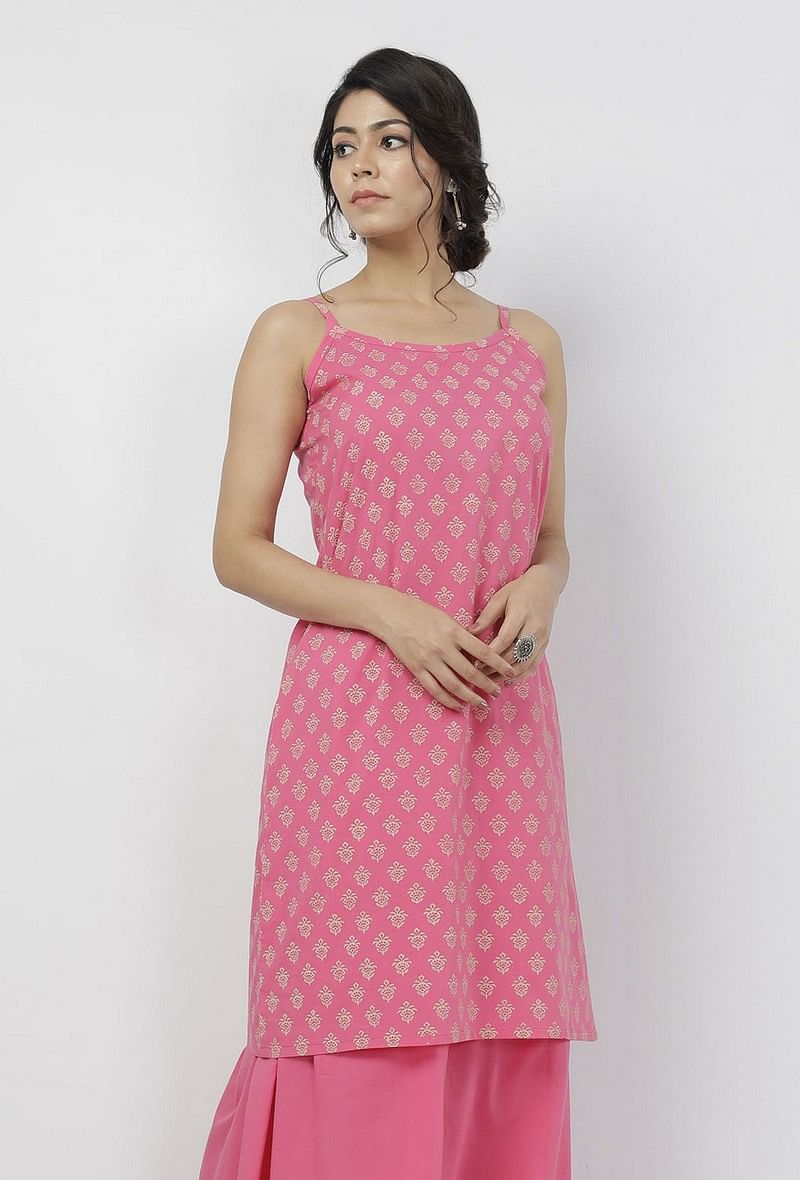 Gul Pink Small Floral Buti Hand-Block Printed Cotton Slip サイズ S