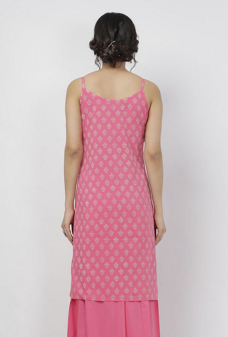 Gul Pink Small Floral Buti Hand-Block Printed Cotton Slip サイズ S