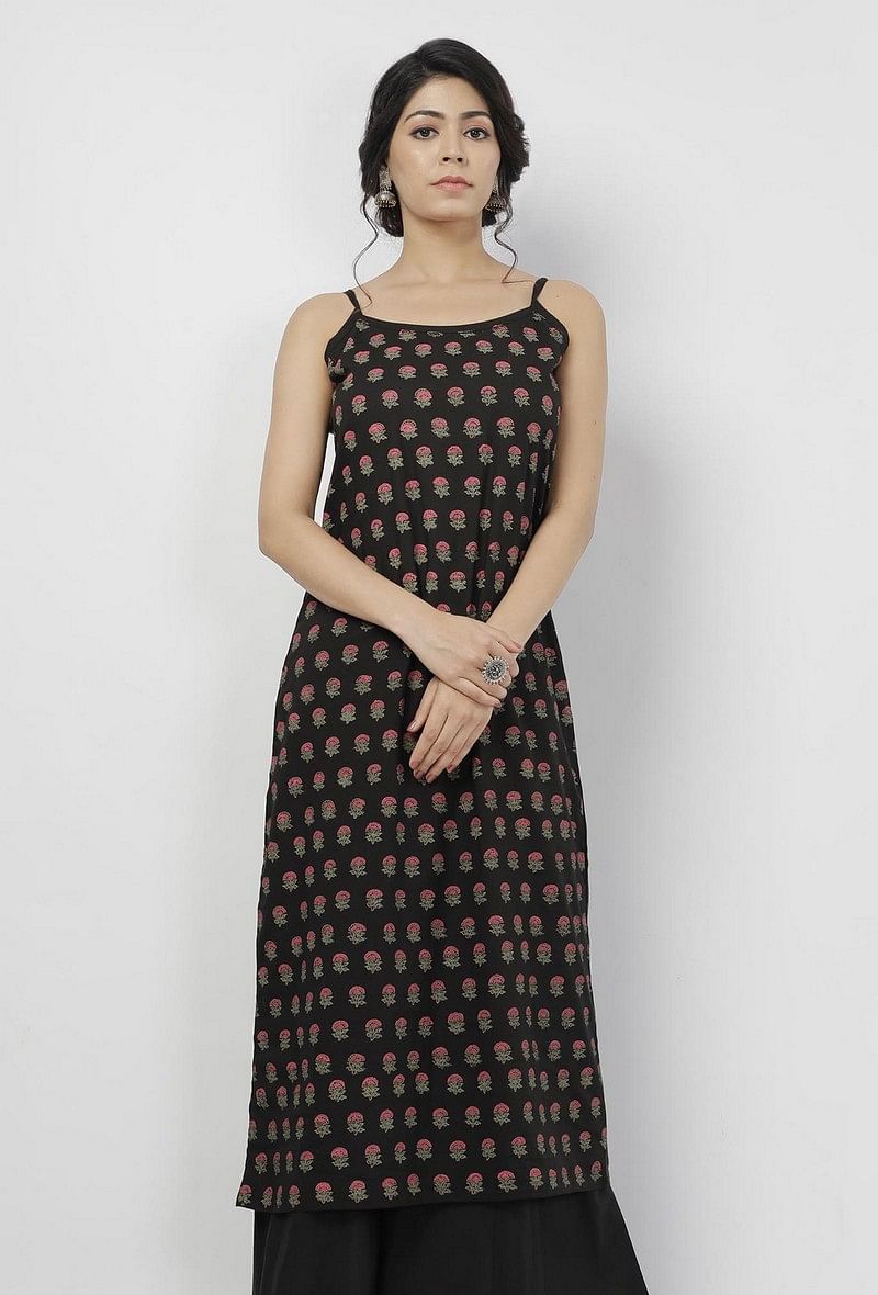 Kani Black Floral Buti Hand-Block Printed Cotton Slip サイズ XL