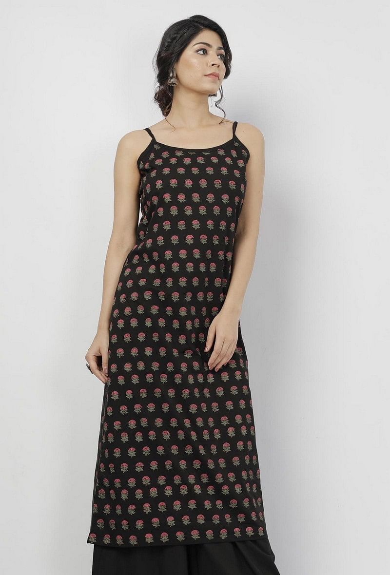 Kani Black Floral Buti Hand-Block Printed Cotton Slip サイズ XXXL