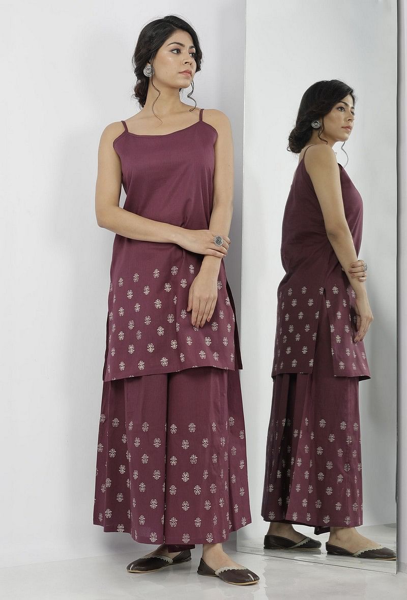 Iya Purple Hand-Block Printed Cotton Slip サイズ S