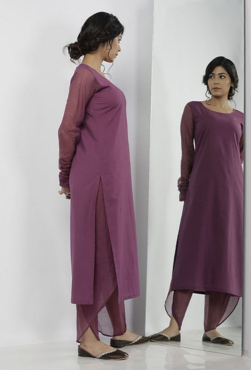 Iya Purple Round Neck Straight Fit Cotton and Kota Sleeves Plain Kurta サイズ XS