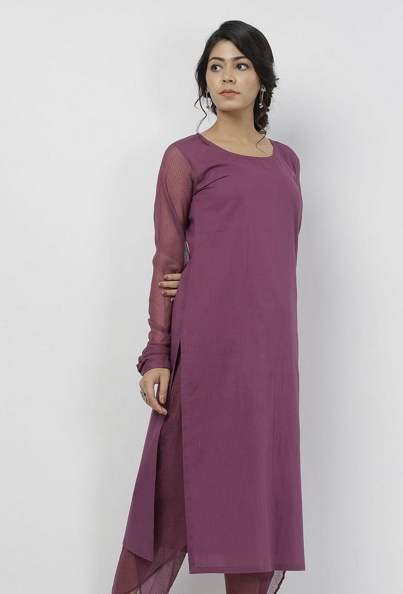 Iya Purple Round Neck Straight Fit Cotton and Kota Sleeves Plain Kurta サイズ XXL