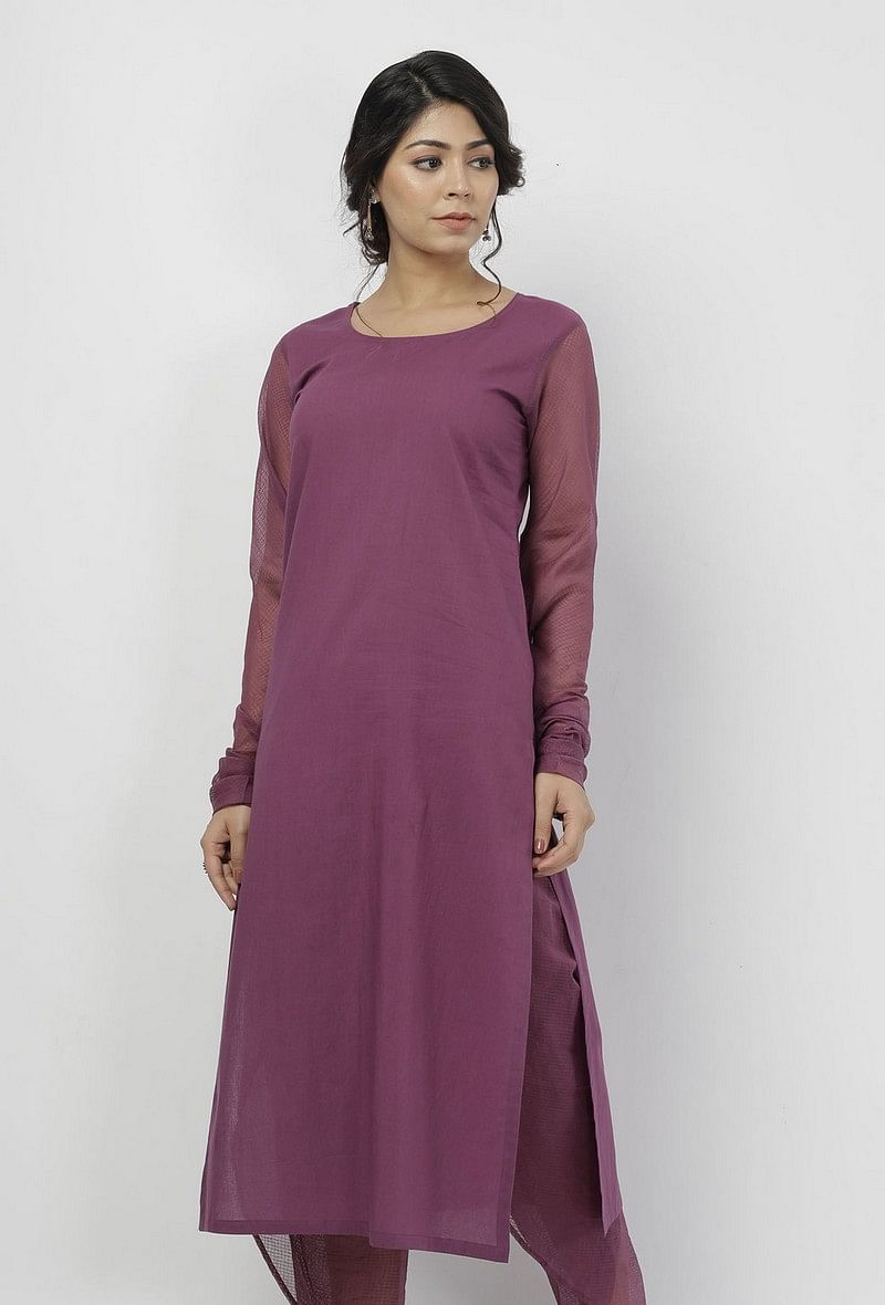 Iya Purple Round Neck Straight Fit Cotton and Kota Sleeves Plain Kurta サイズ XXL