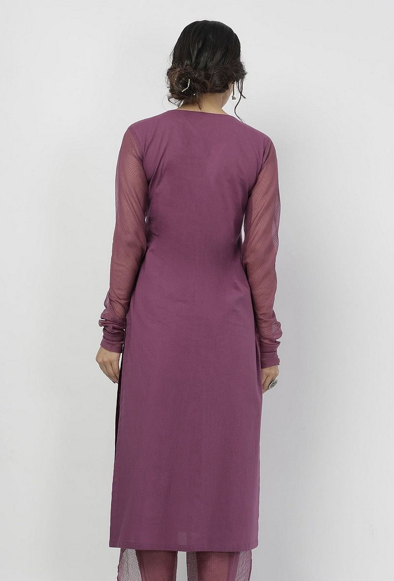 Iya Purple Round Neck Straight Fit Cotton and Kota Sleeves Plain Kurta サイズ XL